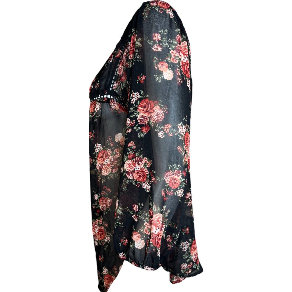 Mine Womens Large Black Floral Sheer 3/4‎ Length Sleeve Blouse - Picture 7 of 15